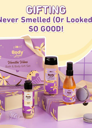 Plum BodyLovin' Vanilla Vibes Bath & Body Gift Set | Body Wash | Body Mist | Body Oil | Long-Lasting Warm Vanilla Fragrance | Gift Set For Women | Gifting For Birthday, Valentine's, Anniversary, Rakhi & Special Occasions| Premium Gift Packaging | Pack Of 
