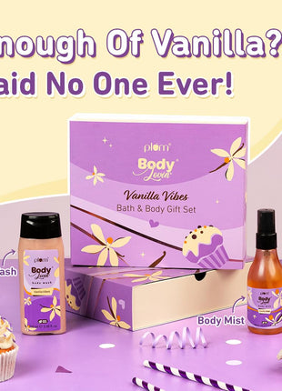 Plum BodyLovin' Vanilla Vibes Bath & Body Gift Set | Body Wash | Body Mist | Body Oil | Long-Lasting Warm Vanilla Fragrance | Gift Set For Women | Gifting For Birthday, Valentine's, Anniversary, Rakhi & Special Occasions| Premium Gift Packaging | Pack Of 