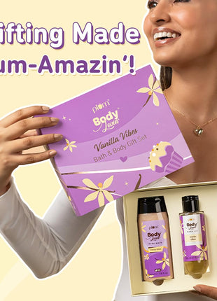 Plum BodyLovin' Vanilla Vibes Bath & Body Gift Set | Body Wash | Body Mist | Body Oil | Long-Lasting Warm Vanilla Fragrance | Gift Set For Women | Gifting For Birthday, Valentine's, Anniversary, Rakhi & Special Occasions| Premium Gift Packaging | Pack Of 