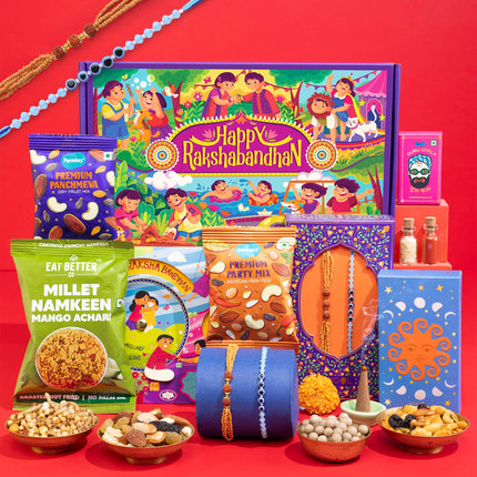 Phool Bandhan Rakhi Giftbox for Brother | 9 Inclusions rakhi gift hamper for brother and bhabhi | 2 Combo Rudraksha & Ocean Gaze Rakhi | Farmley Dry Fruit Mix, Party Mix | Eat Better Millet Namkeen| Guru Chela Mouth Freshener | Greeting Card 