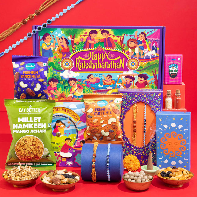 Phool Bandhan Rakhi Giftbox for Brother | 9 Inclusions rakhi gift hamper for brother and bhabhi | 2 Combo Rudraksha & Ocean Gaze Rakhi | Farmley Dry Fruit Mix, Party Mix | Eat Better Millet Namkeen| Guru Chela Mouth Freshener | Greeting Card 
