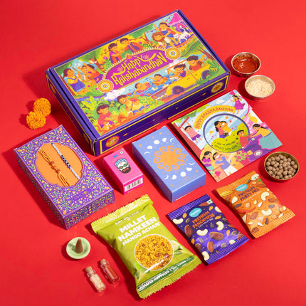 Phool Bandhan Rakhi Giftbox for Brother | 9 Inclusions rakhi gift hamper for brother and bhabhi | 2 Combo Rudraksha & Ocean Gaze Rakhi | Farmley Dry Fruit Mix, Party Mix | Eat Better Millet Namkeen| Guru Chela Mouth Freshener | Greeting Card 