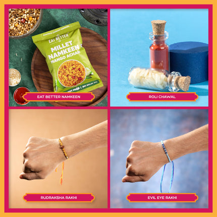 Phool Bandhan Rakhi Giftbox for Brother | 9 Inclusions rakhi gift hamper for brother and bhabhi | 2 Combo Rudraksha & Ocean Gaze Rakhi | Farmley Dry Fruit Mix, Party Mix | Eat Better Millet Namkeen| Guru Chela Mouth Freshener | Greeting Card 