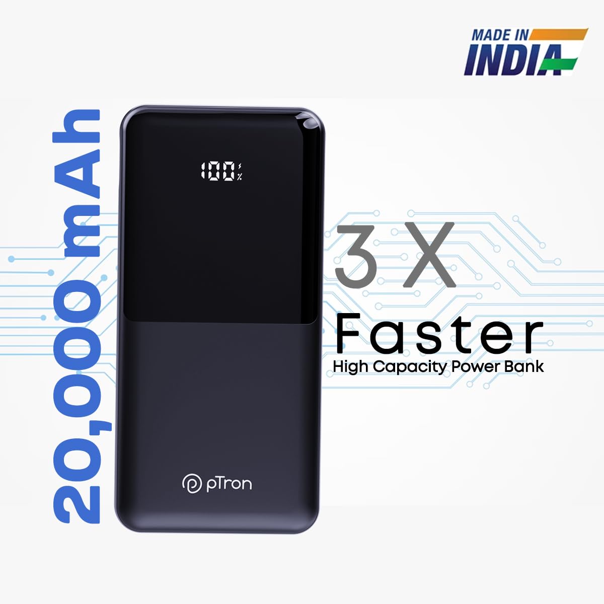 pTron Dynamo Power 20000mAh 22.5W Super Fast Charging Power Bank with Quick Charge & 20W Power Delivery, Built-in Charging Cables, 4 Outputs, Type-C Input/Output Port & LED Battery Display (Black) 