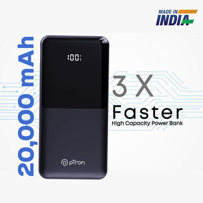 pTron Dynamo Power 20000mAh 22.5W Super Fast Charging Power Bank with Quick Charge & 20W Power Delivery, Built-in Charging Cables, 4 Outputs, Type-C Input/Output Port & LED Battery Display (Black) 
