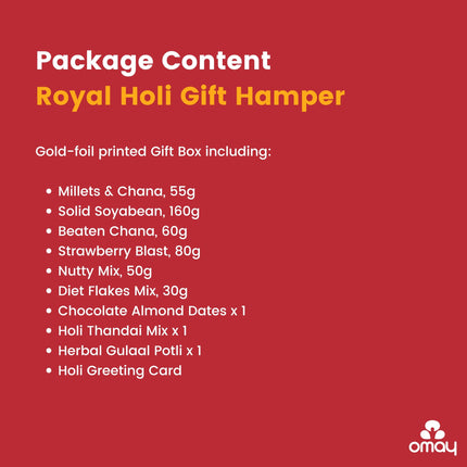 Omay Foods 10 pcs_ROYAL HOLI Gift Hamper | Premium Holi Gift Box with Herbal Gulal, Thandai, Roasted Healthy Snacks & Chocolate | Festive Holi Hamper for Clients, Employees & Friends | Corporate Holi Gift | Special Holi Celebration Pack | Gourmet Holi Gif 