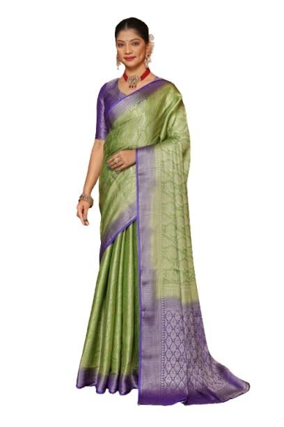 premvastra Women's Pure Silk Brocade Mysore Silk sarees Banarasi Silk Jacquard Zari Work With Unstitched brocket blouse with borders-008 (Green) 