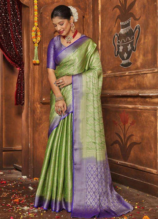 premvastra Women's Pure Silk Brocade Mysore Silk sarees Banarasi Silk Jacquard Zari Work With Unstitched brocket blouse with borders-008 (Green) 