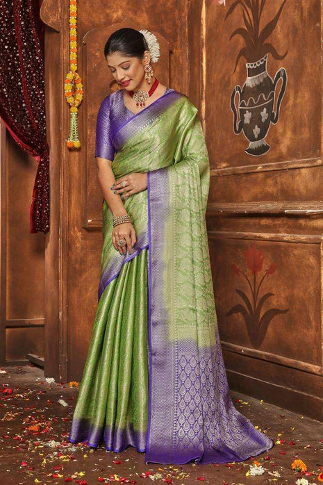 premvastra Women's Pure Silk Brocade Mysore Silk sarees Banarasi Silk Jacquard Zari Work With Unstitched brocket blouse with borders-008 (Green) 