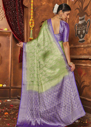 premvastra Women's Pure Silk Brocade Mysore Silk sarees Banarasi Silk Jacquard Zari Work With Unstitched brocket blouse with borders-008 (Green) 