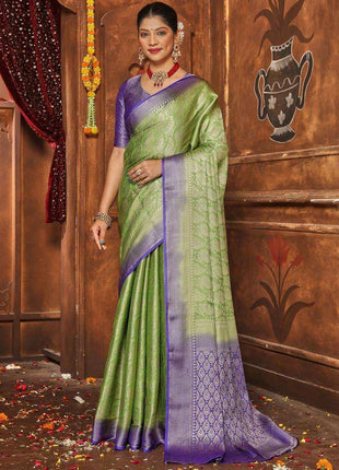premvastra Women's Pure Silk Brocade Mysore Silk sarees Banarasi Silk Jacquard Zari Work With Unstitched brocket blouse with borders-008 (Green) 