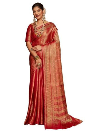 premvastra Women's Pure Silk Brocade Mysore Silk sarees Banarasi Silk Jacquard Zari Work With Unstitched brocket blouse with borders-013 (Carmine) 