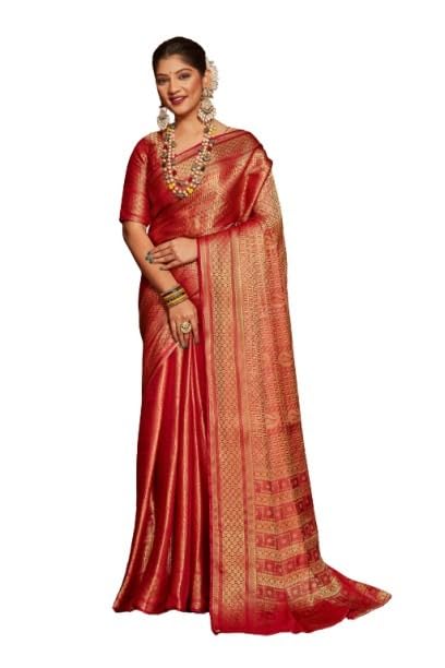 premvastra Women's Pure Silk Brocade Mysore Silk sarees Banarasi Silk Jacquard Zari Work With Unstitched brocket blouse with borders-013 (Carmine) 