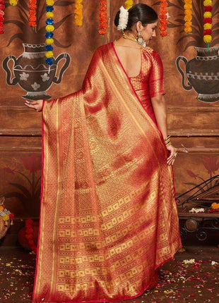 premvastra Women's Pure Silk Brocade Mysore Silk sarees Banarasi Silk Jacquard Zari Work With Unstitched brocket blouse with borders-013 (Carmine) 