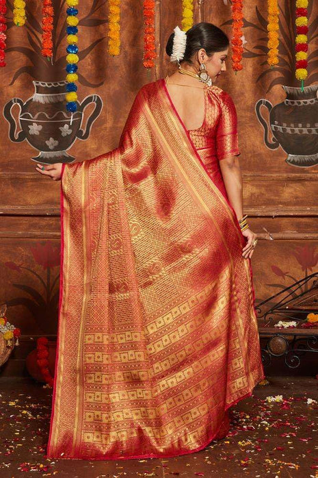 premvastra Women's Pure Silk Brocade Mysore Silk sarees Banarasi Silk Jacquard Zari Work With Unstitched brocket blouse with borders-013 (Carmine) 