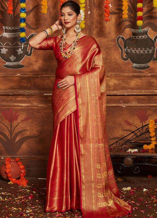 premvastra Women's Pure Silk Brocade Mysore Silk sarees Banarasi Silk Jacquard Zari Work With Unstitched brocket blouse with borders-013 (Carmine) 