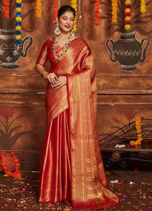 premvastra Women's Pure Silk Brocade Mysore Silk sarees Banarasi Silk Jacquard Zari Work With Unstitched brocket blouse with borders-013 (Carmine) 