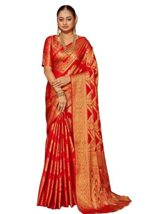 premvastra Women's Pure Silk Brocade Mysore Silk sarees Banarasi Silk Jacquard Zari Work With Unstitched brocket blouse with borders-018 (Red) 