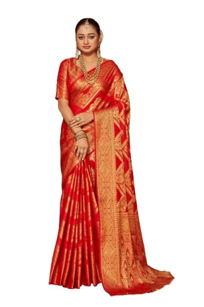 premvastra Women's Pure Silk Brocade Mysore Silk sarees Banarasi Silk Jacquard Zari Work With Unstitched brocket blouse with borders-018 (Red) 