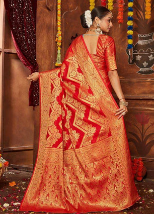 premvastra Women's Pure Silk Brocade Mysore Silk sarees Banarasi Silk Jacquard Zari Work With Unstitched brocket blouse with borders-018 (Red) 