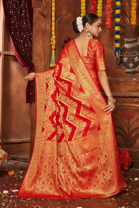 premvastra Women's Pure Silk Brocade Mysore Silk sarees Banarasi Silk Jacquard Zari Work With Unstitched brocket blouse with borders-018 (Red) 