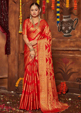 premvastra Women's Pure Silk Brocade Mysore Silk sarees Banarasi Silk Jacquard Zari Work With Unstitched brocket blouse with borders-018 (Red) 