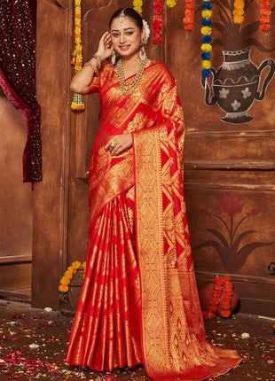 premvastra Women's Pure Silk Brocade Mysore Silk sarees Banarasi Silk Jacquard Zari Work With Unstitched brocket blouse with borders-018 (Red) 