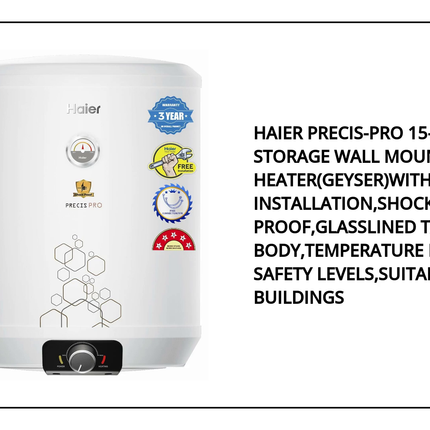Haier Precis-Pro 15-L 5 Star Storage Wall Mount Water Heater(Geyser)With Pipe Free Installation,Shock Proof,Glasslined Tank,Abs Body,Temperature Indicator,8 Safety Levels,Suitable High Rise Buildings by@Outfy