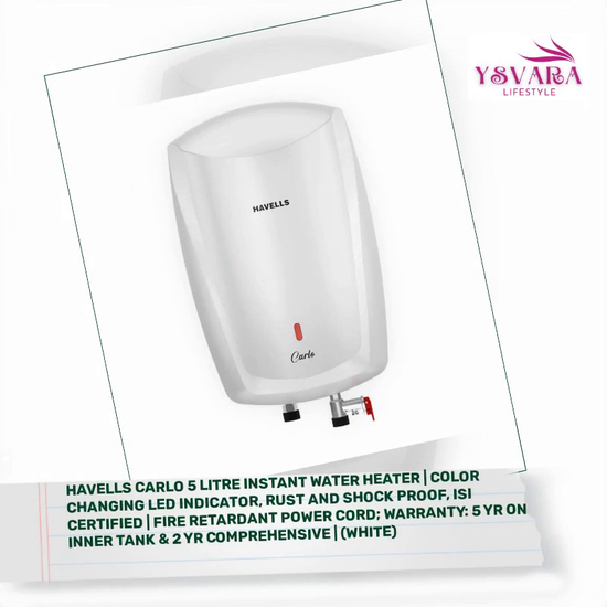Havells Carlo 5 Litre Instant Water Heater | Color Changing LED Indicator, Rust and shock proof, ISI Certified | Fire retardant power cord; Warranty: 5 Yr on inner tank &amp; 2 Yr comprehensive | (White) by@Outfy
