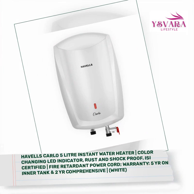 Havells Carlo 5 Litre Instant Water Heater | Color Changing LED Indicator, Rust and shock proof, ISI Certified | Fire retardant power cord; Warranty: 5 Yr on inner tank &amp; 2 Yr comprehensive | (White) by@Outfy