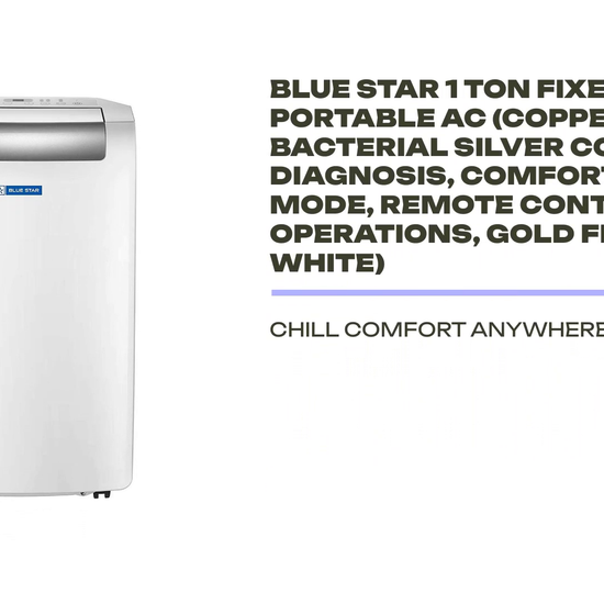Blue Star 1 Ton Fixed Speed Portable AC (Copper, Anti Bacterial Silver Coating, Self Diagnosis, Comfort Sleep, Auto Mode, Remote Control Operations, Gold Fins, PC12DB, White) by@Outfy