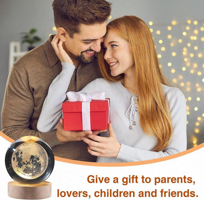 qbpatzwq 3D Galaxy Crystal Ball Night Light | Dimmable Engraved LED Glass Ball Table Lamp with USB and Wooden Base for Home Decor, Office, Birthday Gift & Kids Bedroom (Moon) 