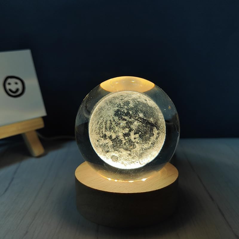 qbpatzwq 3D Galaxy Crystal Ball Night Light | Dimmable Engraved LED Glass Ball Table Lamp with USB and Wooden Base for Home Decor, Office, Birthday Gift & Kids Bedroom (Moon) 
