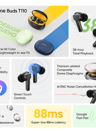 realme Buds T110 Bluetooth Truly Wireless in Ear Earbuds with mic, AI ENC for Calls, Google Fast Pair, 38 Hours Total Playback with Fast Charging and Low Latency Gaming Mode (Punk Black) 