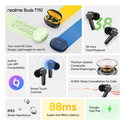 realme Buds T110 Bluetooth Truly Wireless in Ear Earbuds with mic, AI ENC for Calls, Google Fast Pair, 38 Hours Total Playback with Fast Charging and Low Latency Gaming Mode (Punk Black) 