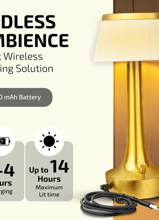 ro:sha Rosha Paralume Wireless Aluminium LED Table Lamp (Gold)| Upto 14 Hrs Battery Backup |2500 mAh Rechargeable Batteries | Lamps for Bedroom and Living Room 