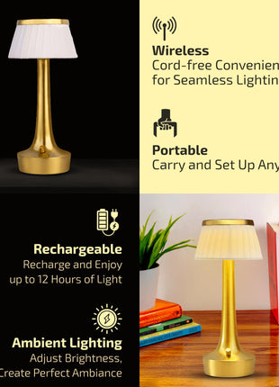 ro:sha Rosha Paralume Wireless Aluminium LED Table Lamp (Gold)| Upto 14 Hrs Battery Backup |2500 mAh Rechargeable Batteries | Lamps for Bedroom and Living Room 
