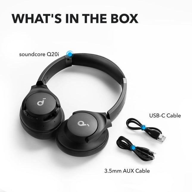 soundcore by Anker Q20i Wireless Bluetooth Over-Ear Headphones with Hybrid Active Noise Cancelling, 40h Playtime in ANC Mode, Hi-Res Audio, Deep Bass, Personalization via App (Black) 