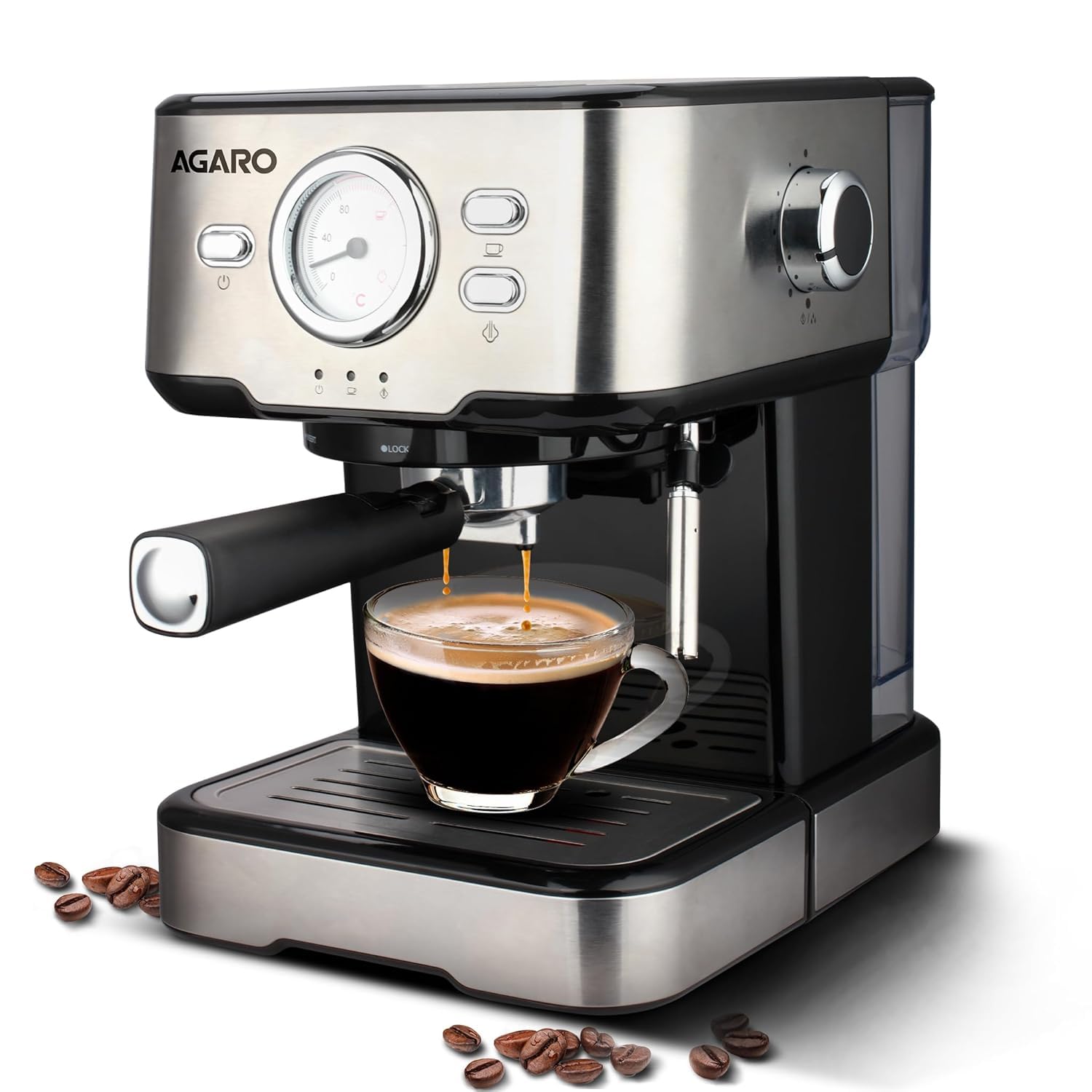 AGARO Imperial Espresso Coffee Maker, Coffee Machine, 15 Bars, With Foaming Milk, Frother Wand for Espresso, Cappuccino, Latte and Mocha, Steam Espresso Maker For Home, Adjustable Milk Frothing and Double Temperature Control System, Stainless Steel, 1100W 