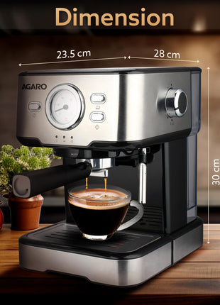 AGARO Imperial Espresso Coffee Maker, Coffee Machine, 15 Bars, With Foaming Milk, Frother Wand for Espresso, Cappuccino, Latte and Mocha, Steam Espresso Maker For Home, Adjustable Milk Frothing and Double Temperature Control System, Stainless Steel, 1100W 