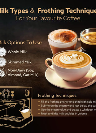 AGARO Imperial Espresso Coffee Maker, Coffee Machine, 15 Bars, With Foaming Milk, Frother Wand for Espresso, Cappuccino, Latte and Mocha, Steam Espresso Maker For Home, Adjustable Milk Frothing and Double Temperature Control System, Stainless Steel, 1100W 