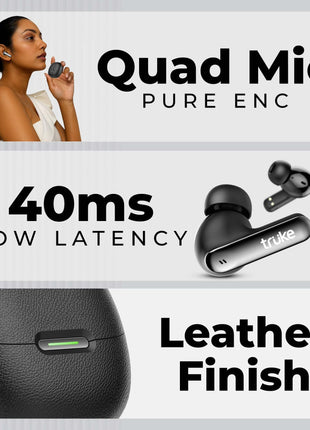 truke New Launch [2025] Mega 7 True Wireless in-Ear Earbuds w/ 24-Bit 360 Spatial Audio, 60H Playtime & Fast Charging Buds, Dual Pairing, 40ms Low Latency TWS, 4-Mic ENC, Made in India-(Coal Black) 