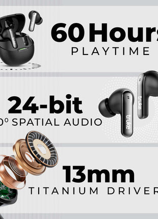 truke New Launch [2025] Mega 7 True Wireless in-Ear Earbuds w/ 24-Bit 360 Spatial Audio, 60H Playtime & Fast Charging Buds, Dual Pairing, 40ms Low Latency TWS, 4-Mic ENC, Made in India-(Coal Black) 