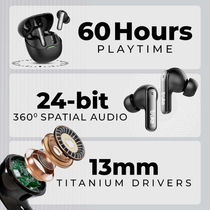 truke New Launch [2025] Mega 7 True Wireless in-Ear Earbuds w/ 24-Bit 360 Spatial Audio, 60H Playtime & Fast Charging Buds, Dual Pairing, 40ms Low Latency TWS, 4-Mic ENC, Made in India-(Coal Black) 