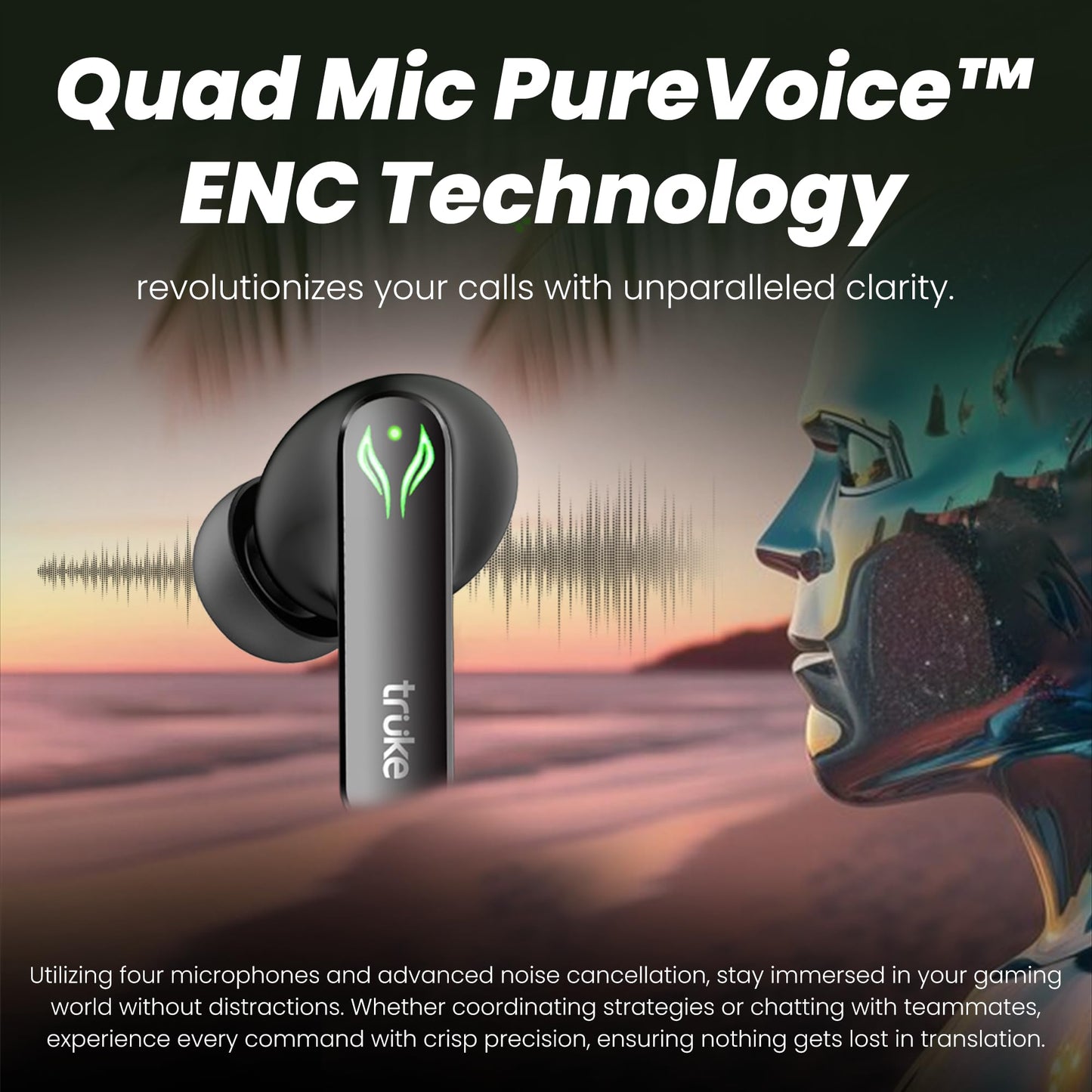 truke New Launch BTG Ultra True Wireless in Ear Earbuds, 40ms Ultra Low Latency Battle Mode™ Gaming Ear Buds, 60H Playtime, Quad Mics Crystal-Clear Calls, Fast Charging, BT 5.4, Noise Cancellation 