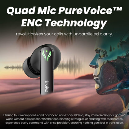 truke New Launch BTG Ultra True Wireless in Ear Earbuds, 40ms Ultra Low Latency Battle Mode™ Gaming Ear Buds, 60H Playtime, Quad Mics Crystal-Clear Calls, Fast Charging, BT 5.4, Noise Cancellation 