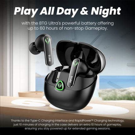 truke New Launch BTG Ultra True Wireless in Ear Earbuds, 40ms Ultra Low Latency Battle Mode™ Gaming Ear Buds, 60H Playtime, Quad Mics Crystal-Clear Calls, Fast Charging, BT 5.4, Noise Cancellation 