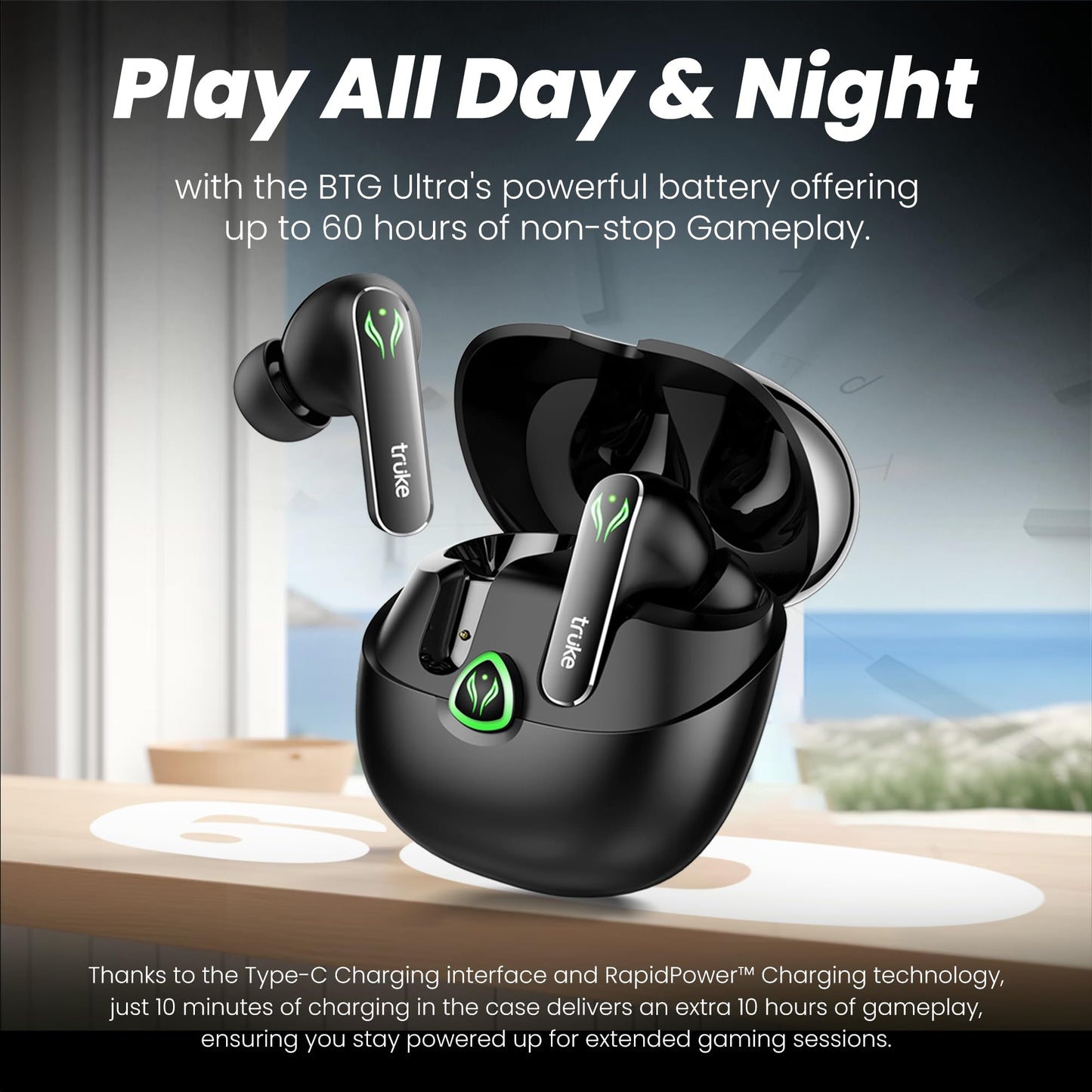 truke New Launch BTG Ultra True Wireless in Ear Earbuds, 40ms Ultra Low Latency Battle Mode™ Gaming Ear Buds, 60H Playtime, Quad Mics Crystal-Clear Calls, Fast Charging, BT 5.4, Noise Cancellation 