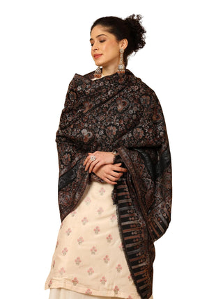 tweedle Women’s Black Naira Kani Design Shawl/Stole, Faux Pashmina, Zari Border Scarf for Ladies, Size - 40 x 80 inches 