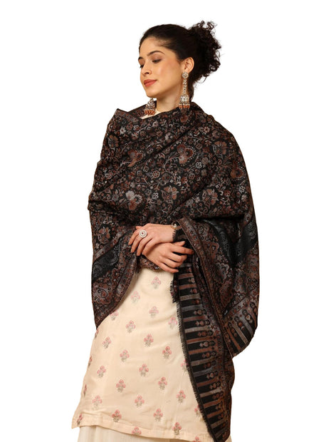 tweedle Women’s Black Naira Kani Design Shawl/Stole, Faux Pashmina, Zari Border Scarf for Ladies, Size - 40 x 80 inches 